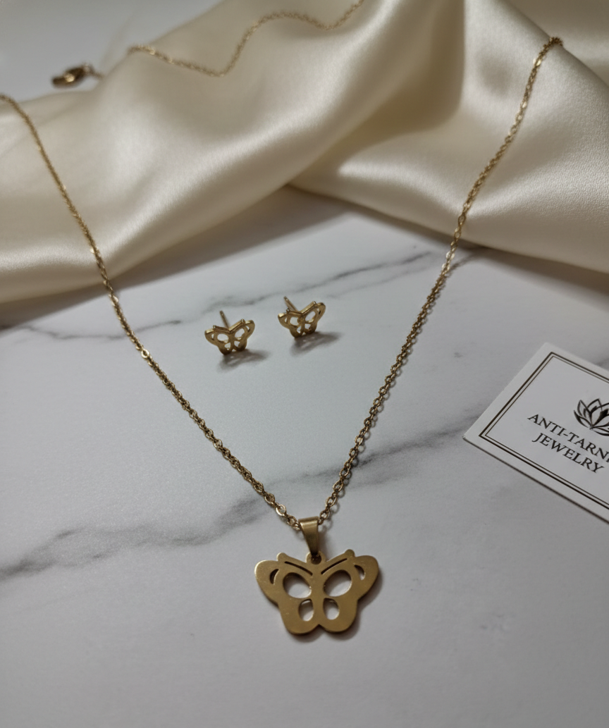 Golden Butterfly Pendant & Earring Set
