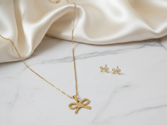 Golden Bow Necklace & Earring Set