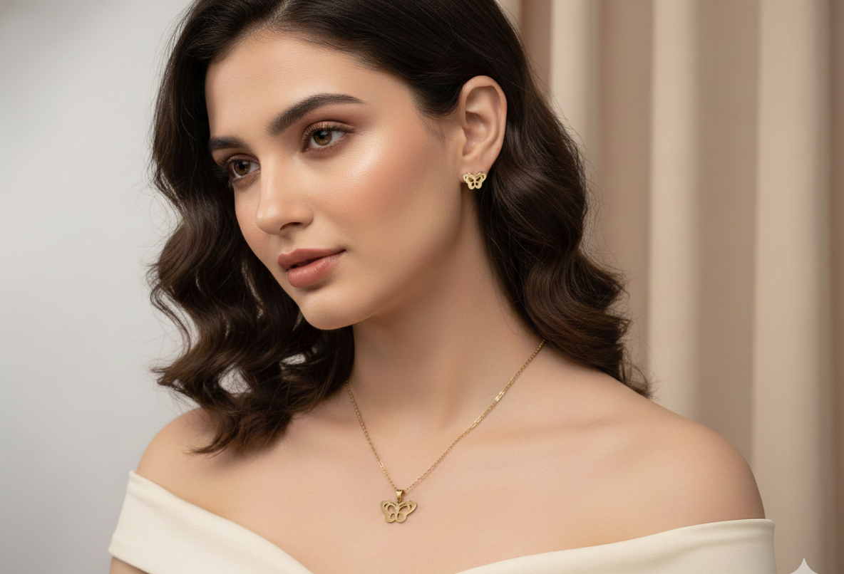 Golden Butterfly Pendant & Earring Set